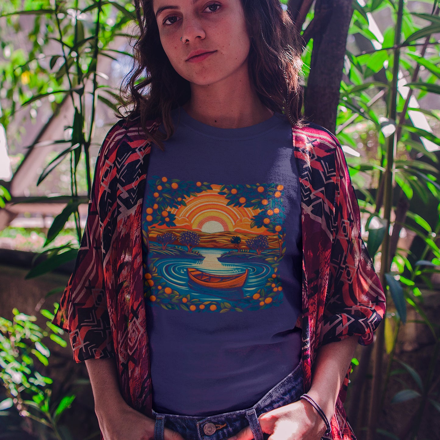 female model wearing Marmalade Skies Unisex t-shirt, in midnight navy colour