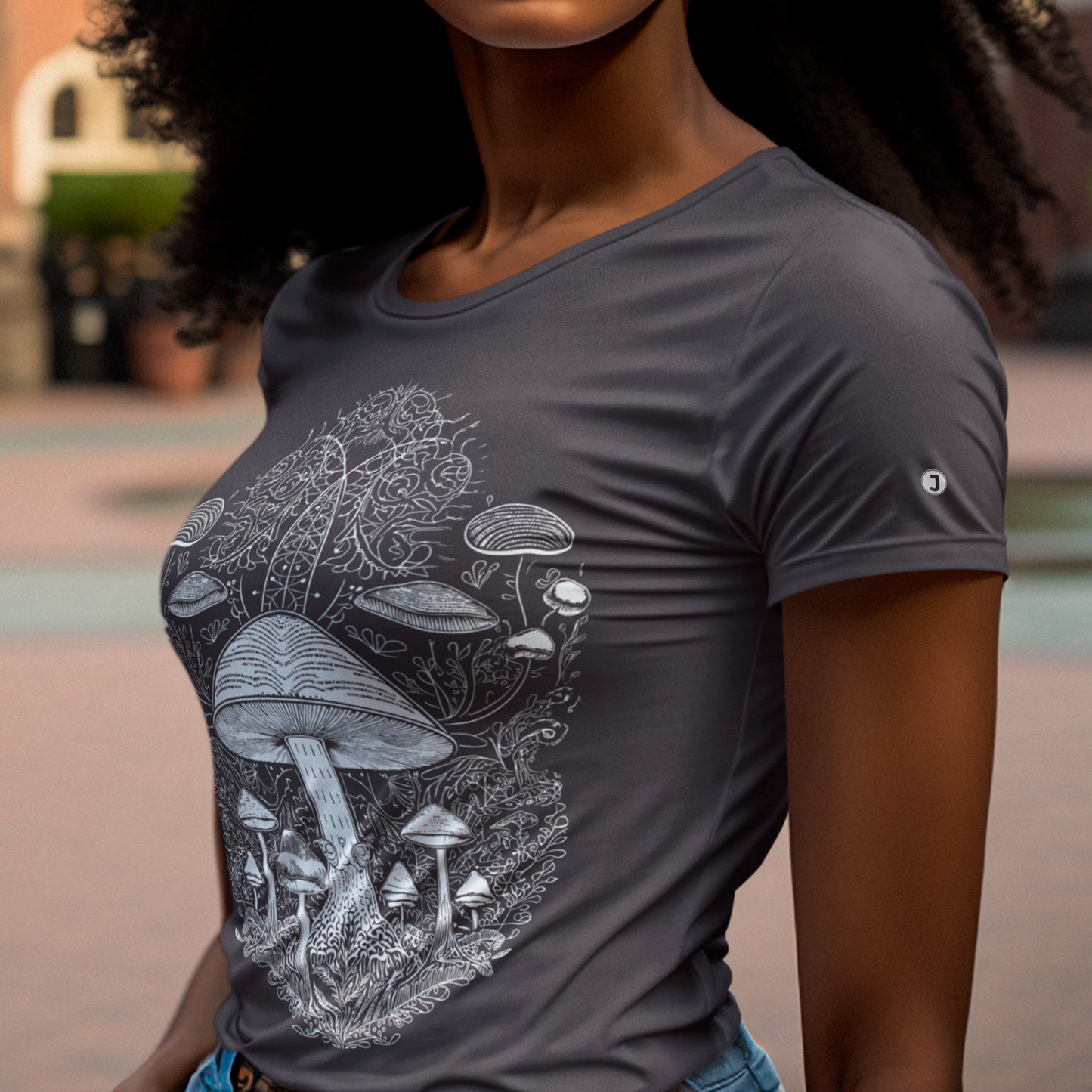 female model wearing anthracite Fungal Network Unisex organic cotton t-shirt