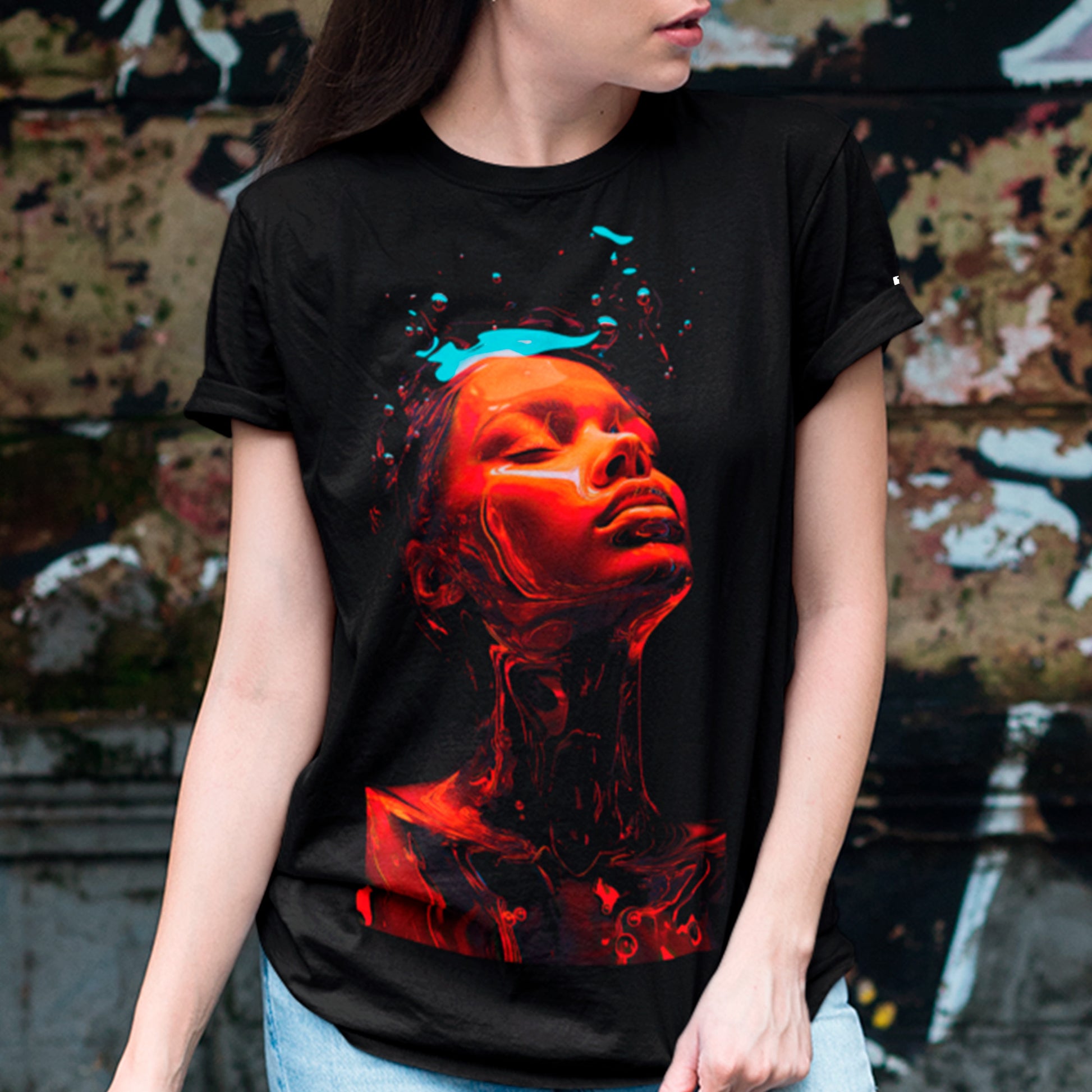 female model wearing Neon Dreamscape Unisex t-shirt
