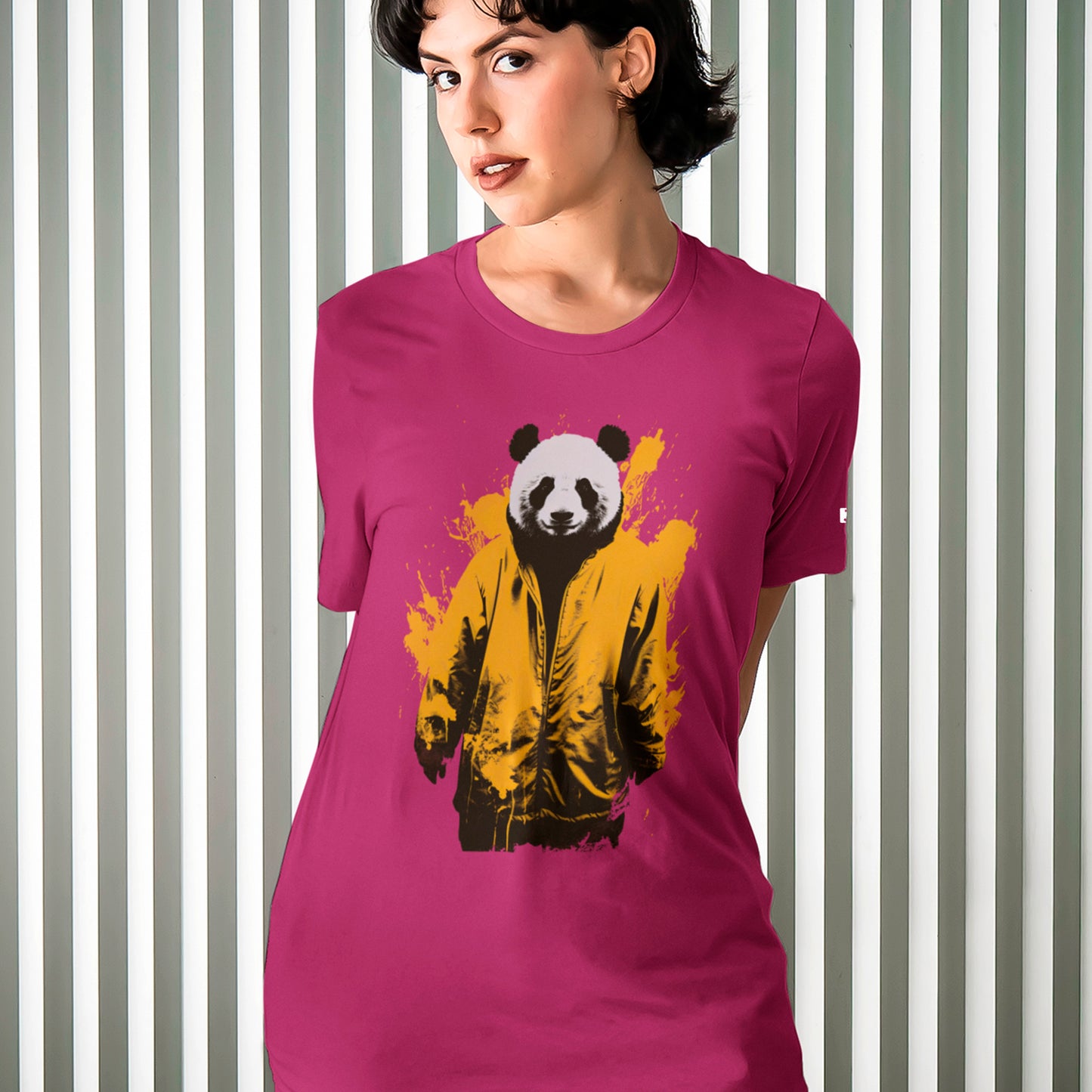 female model wearing China Punk Chic Unisex t-shirt, in berry