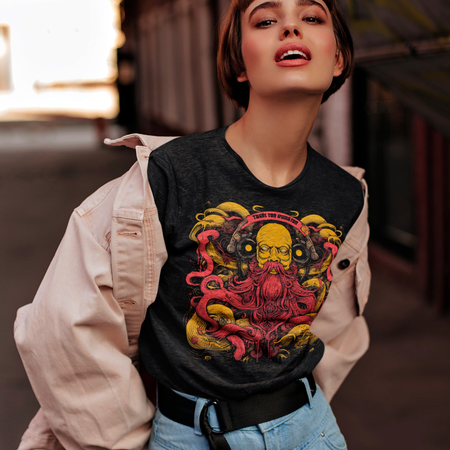 female model wearing black heather xGod of Waves Unisex t-shirt