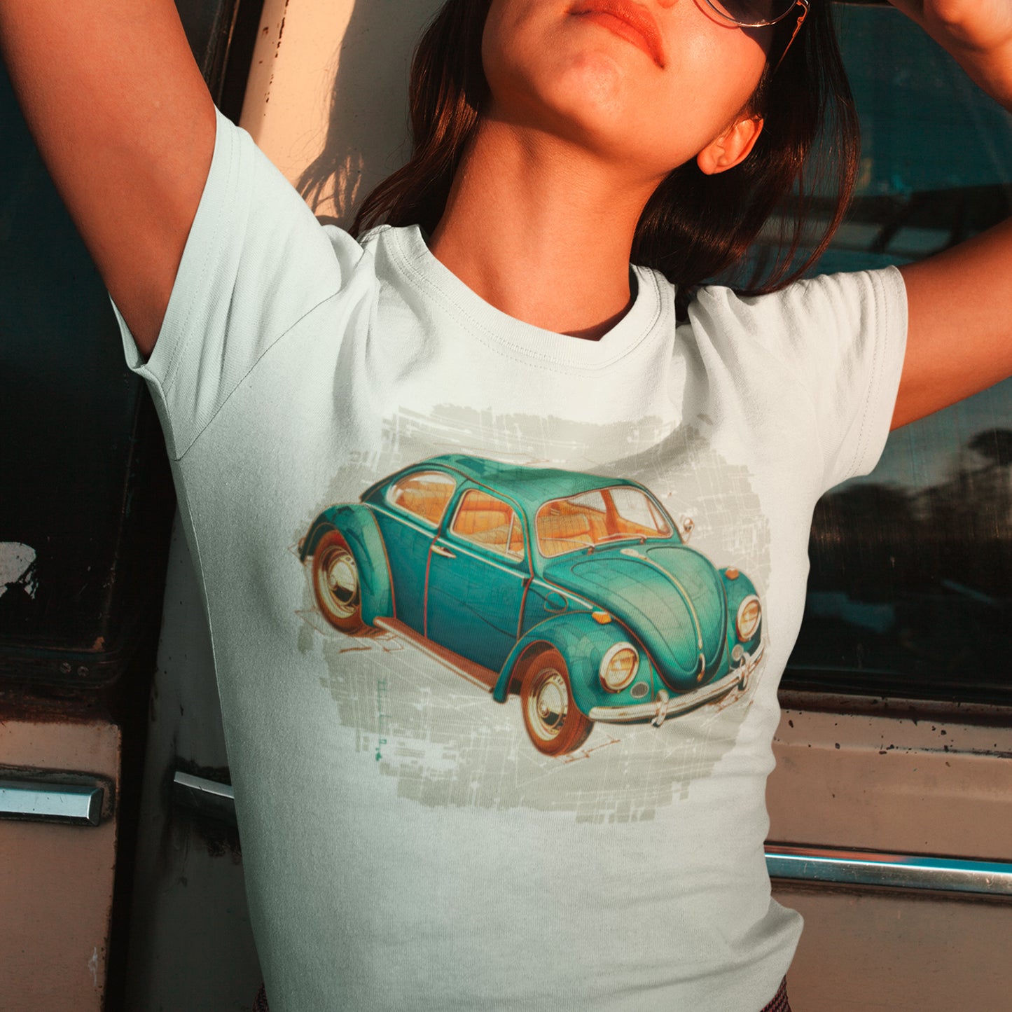 female model wearing white Beetle Precision Unisex t-shirt
