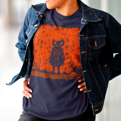 model wearing navy Harvest Child Unisex t-shirt