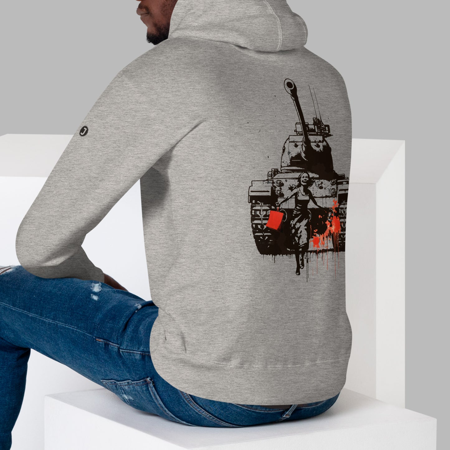 back view of model wearing carbon grey The War on Wants Unisex Premium Hoodie | Cotton Heritage