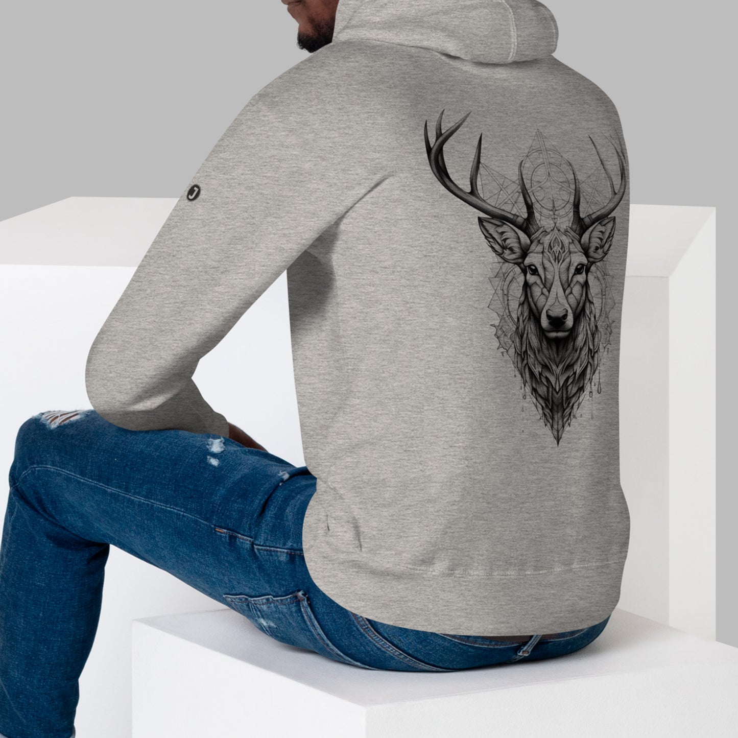 back view of model wearing carbon grey Ivory Guard Unisex Premium Hoodie | Cotton Heritage