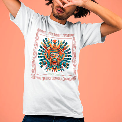 model wearing Cuāuhocēlōtl "Eagle Warrior" Unisex t-shirt in white