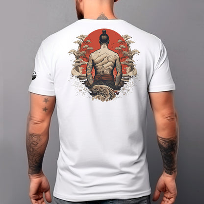 back view of male model wearing white Shogun Unisex t-shirt