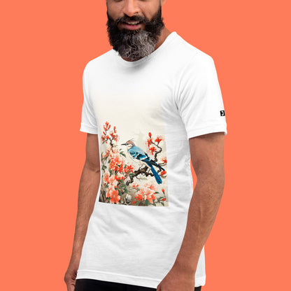 Male model wearing close up of Timeless Impression Unisex t-shirt, white