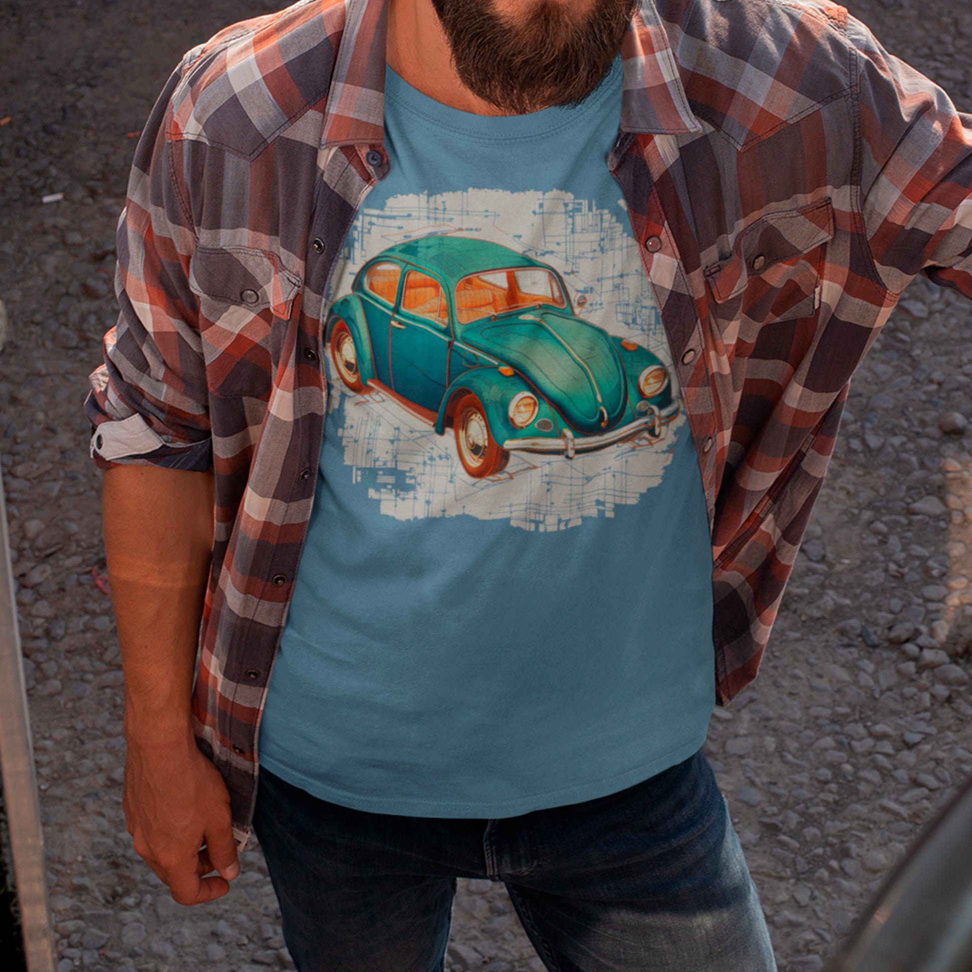 male model wearing steel blue Beetle Precision Unisex t-shirt