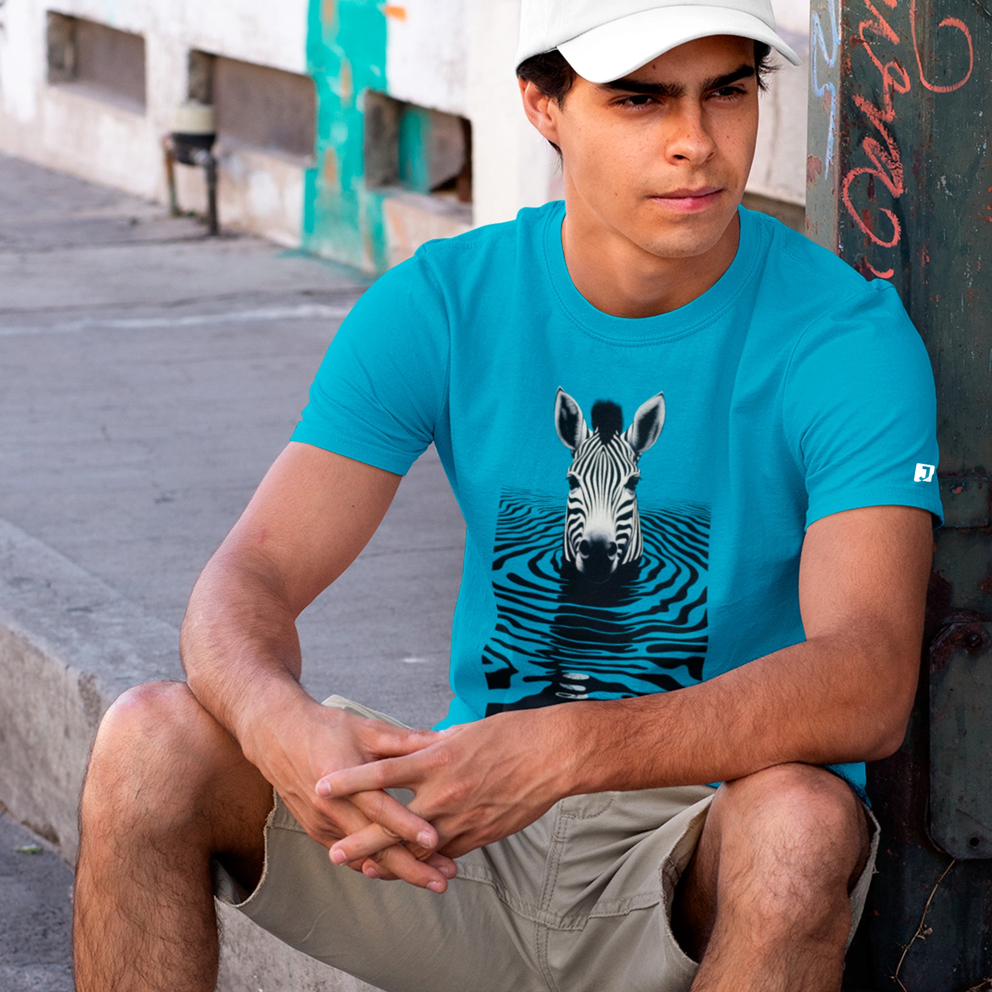 male model wearing close up of Water Dance Unisex t-shirt, in aqua.