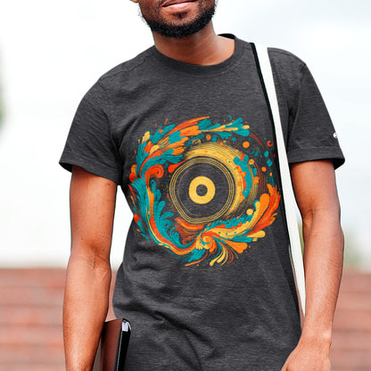 model wearing a dark heather grey Spin Fusion Unisex organic cotton t-shirt