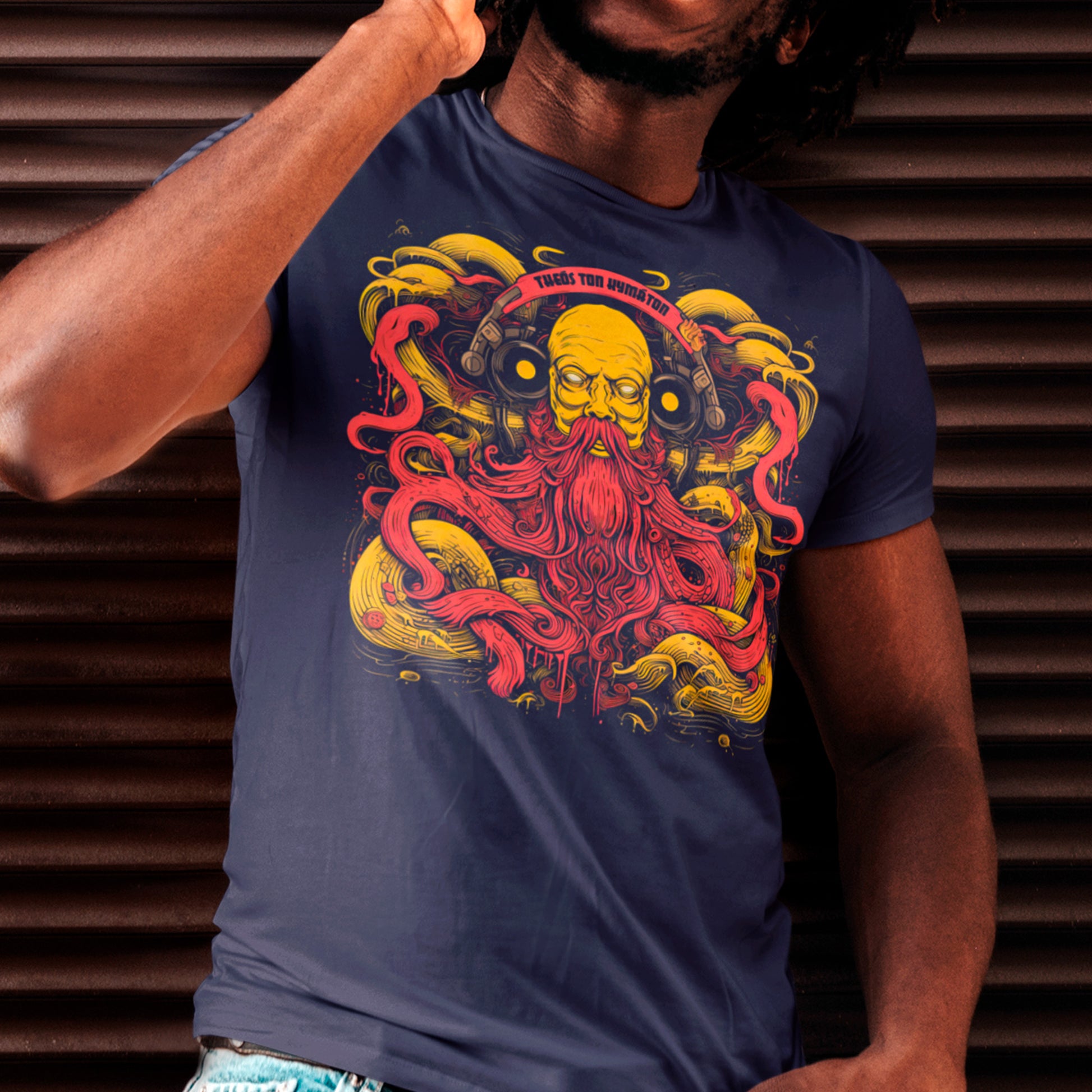 male model wearing navy God of Waves Unisex t-shirt