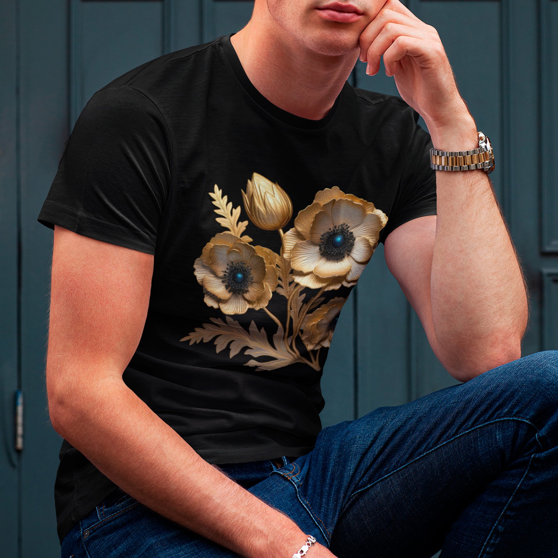 male model wearing Golden Flourish Unisex organic cotton t-shirt