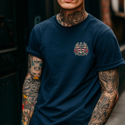 model wearing navy Anchor's Tale Unisex t-shirt