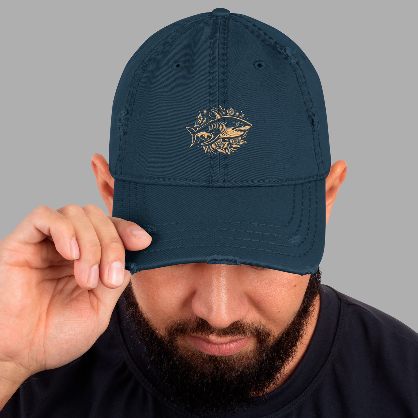 navy Ka Manō Embroidered Distressed Otto Cap worn by model