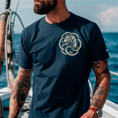 model wearing french navy Roaring Infinity PremiumUnisex organic cotton t-shirt