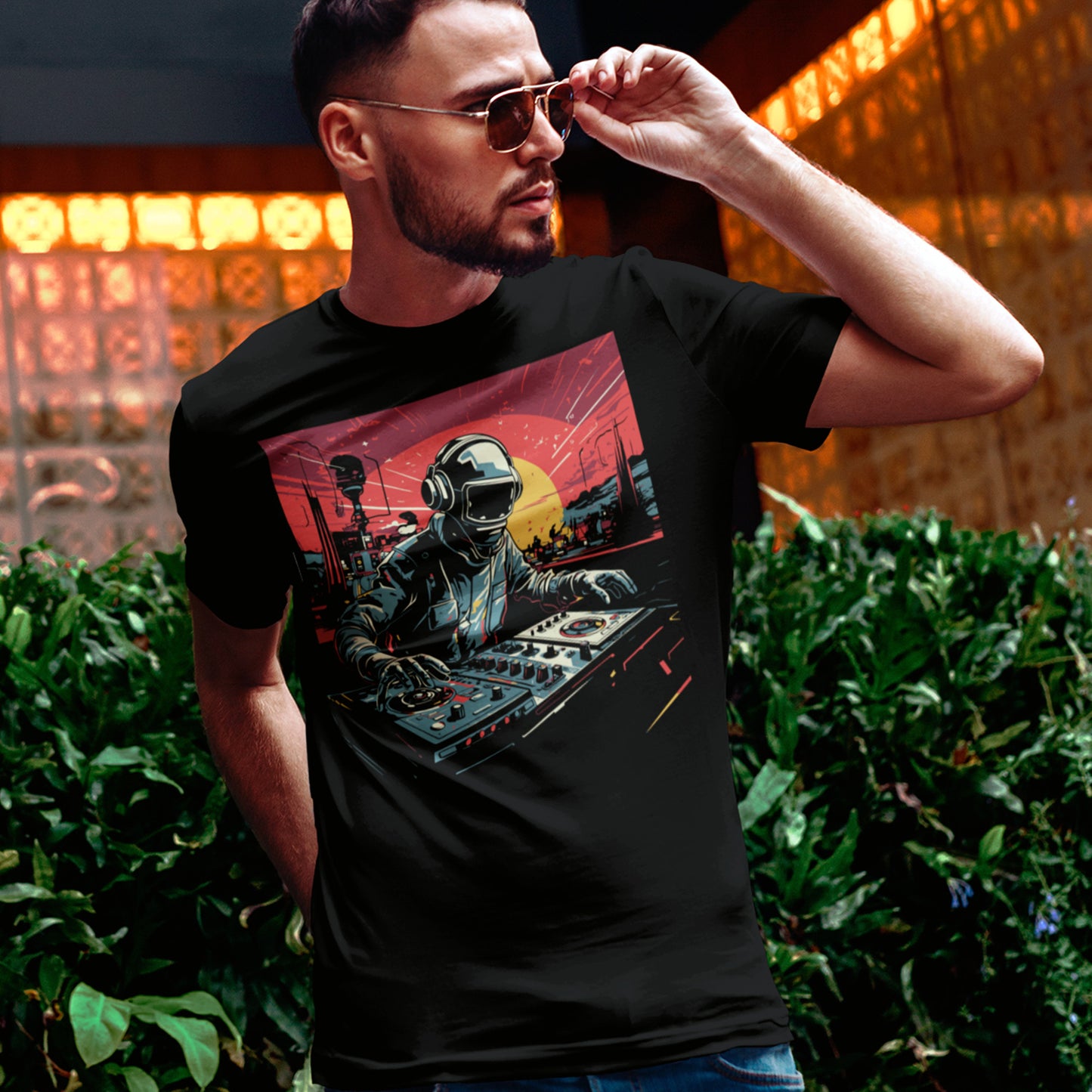 model wearing black Astral Grooves Unisex t-shirt 