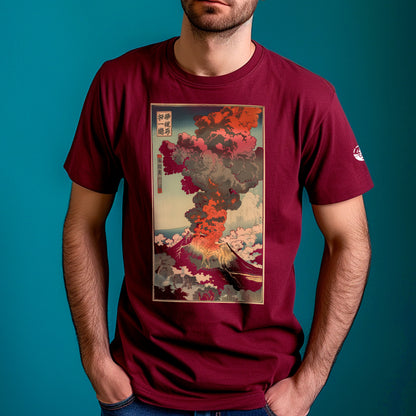 model wearing maroon Fuji's Fury Unisex t-shirt