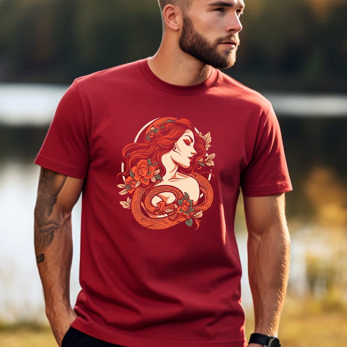 male model wearing a cardinal Coiled Grace Unisex t-shirt