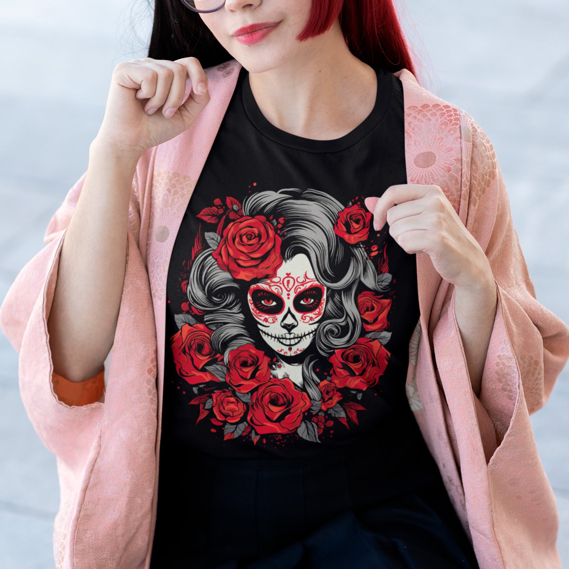 female model wearing La Catrina Rose Unisex t-shirt