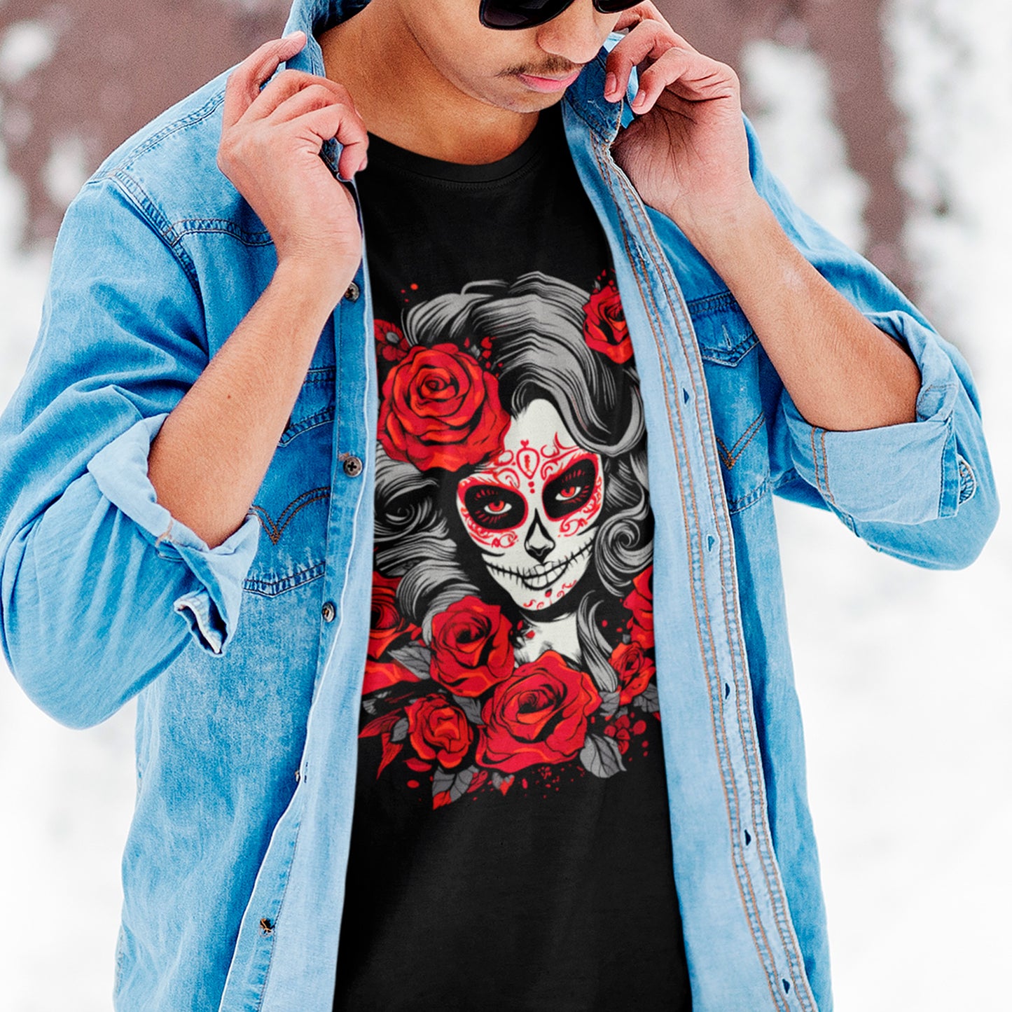 male model wearing La Catrina Rose Unisex t-shirt