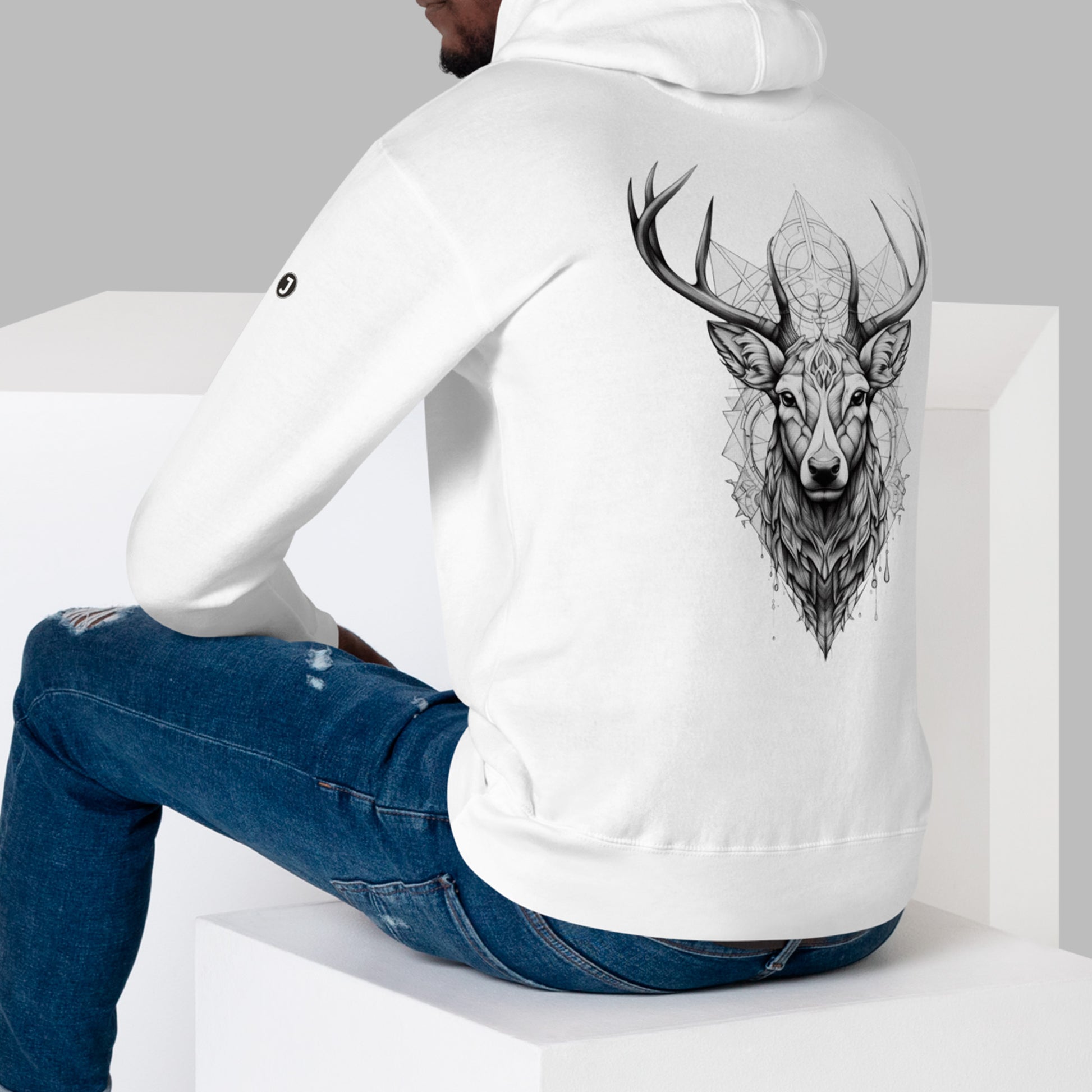 back view of model wearing white Ivory Guard Unisex Premium Hoodie | Cotton Heritage