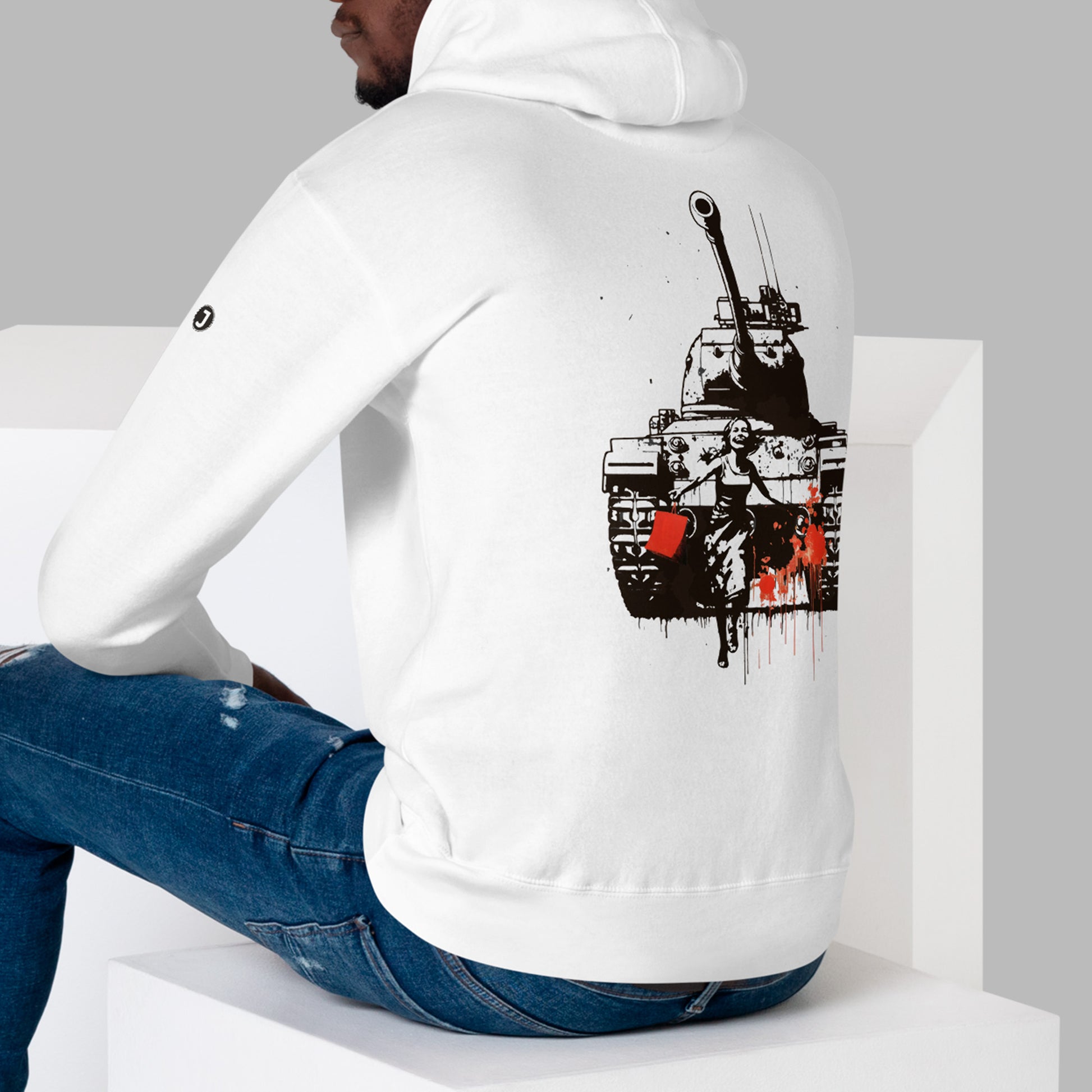 back view of model wearing white The War on Wants Unisex Premium Hoodie | Cotton Heritage