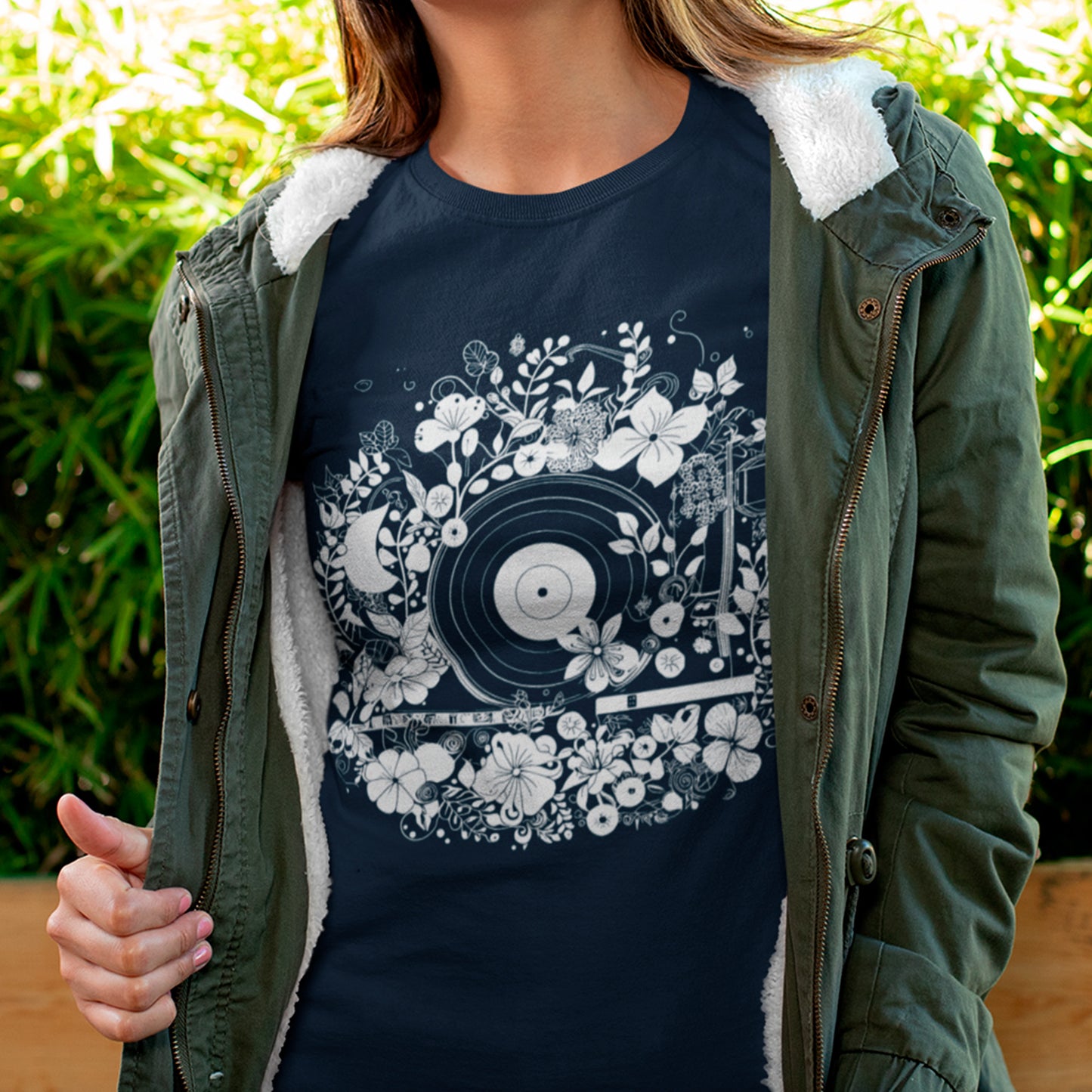 female model wearing Inkwell Echo Unisex organic cotton t-shirt, in french navy.