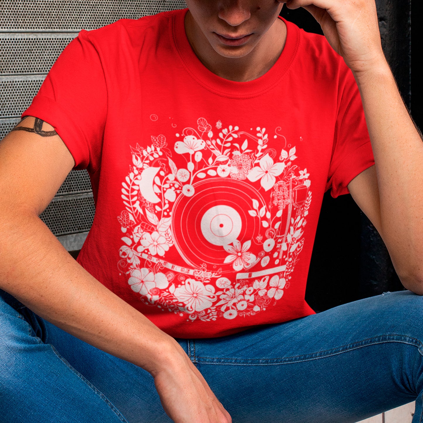male model wearing red Inkwell Echo Unisex organic cotton t-shirt