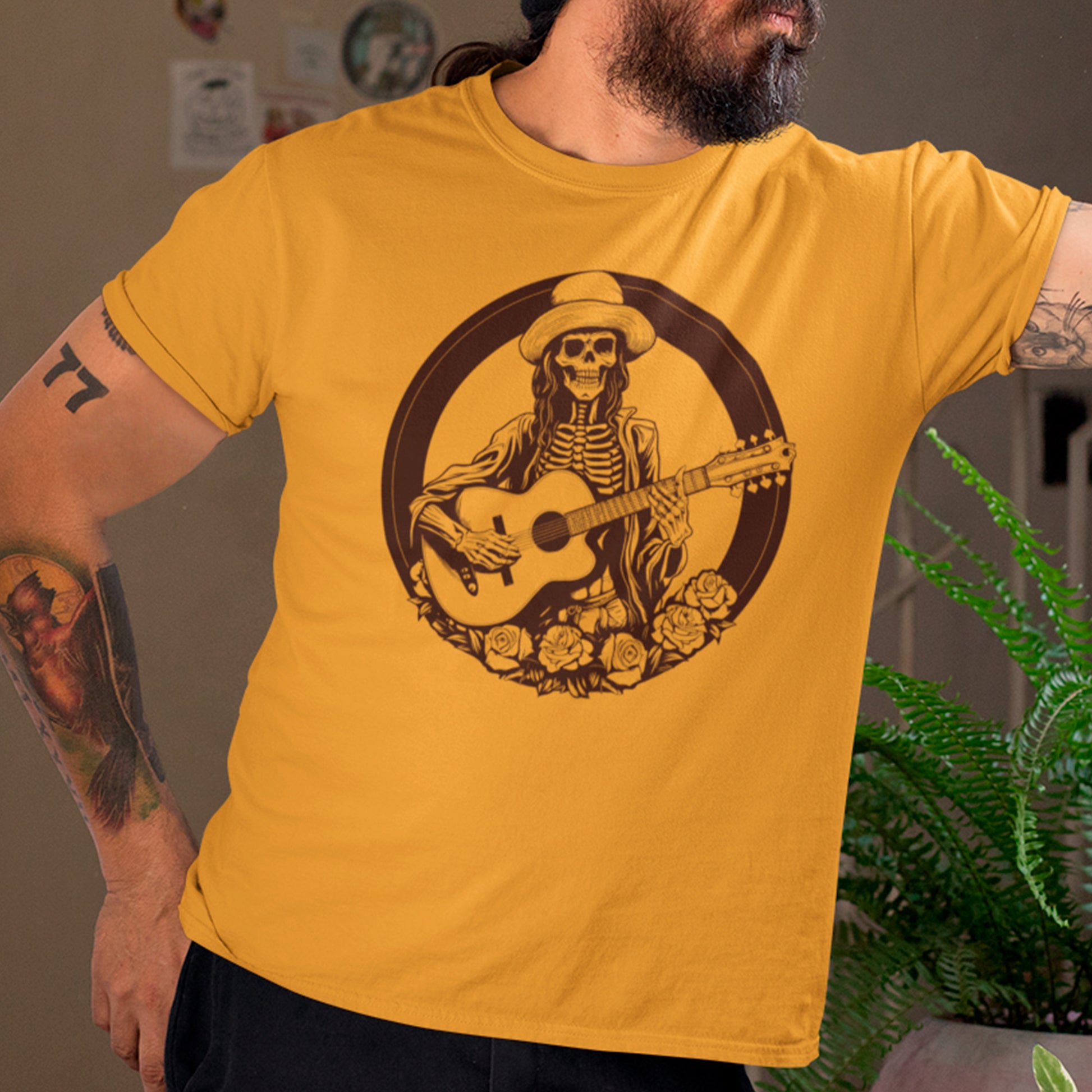 male model wearing mustard Country Crypt Unisex t-shirt