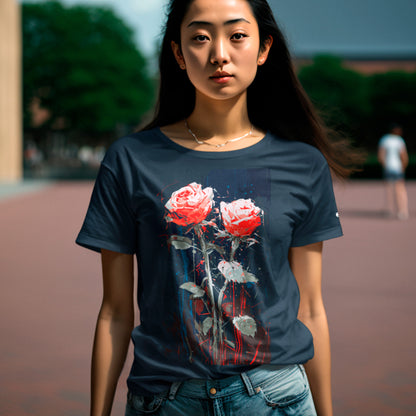 female model wearing french navy Glitched Garden Unisex organic cotton t-shirt