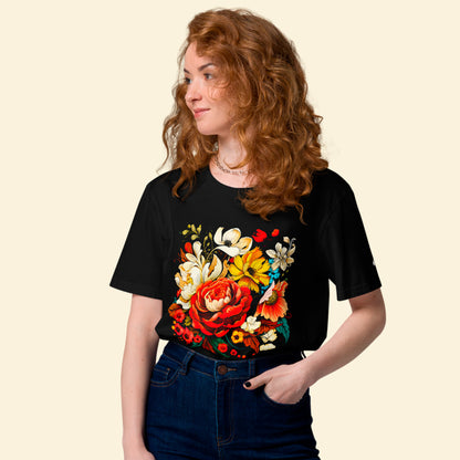 Model Wearing In Bloom Organic Cotton Unisex Tee - Black Color