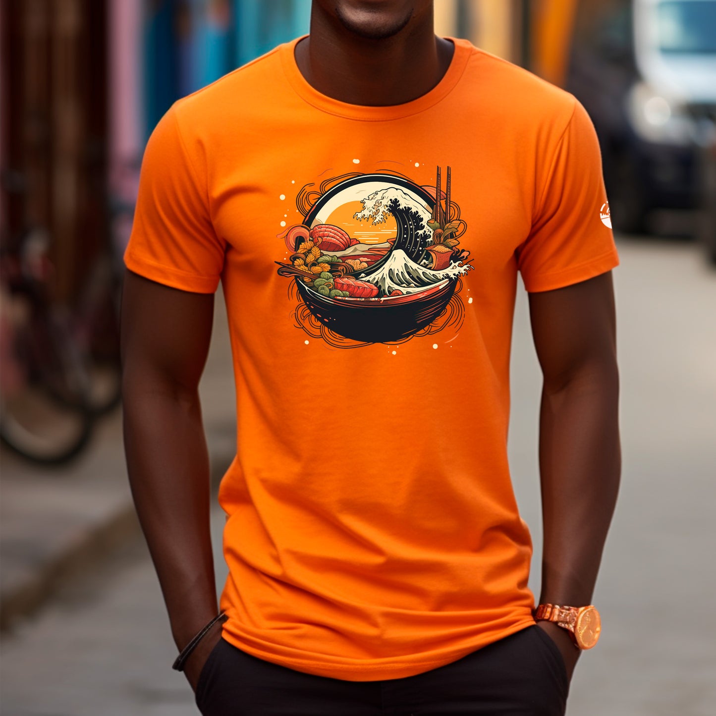 model wearing orange Ramen Wave Unisex t-shirt 