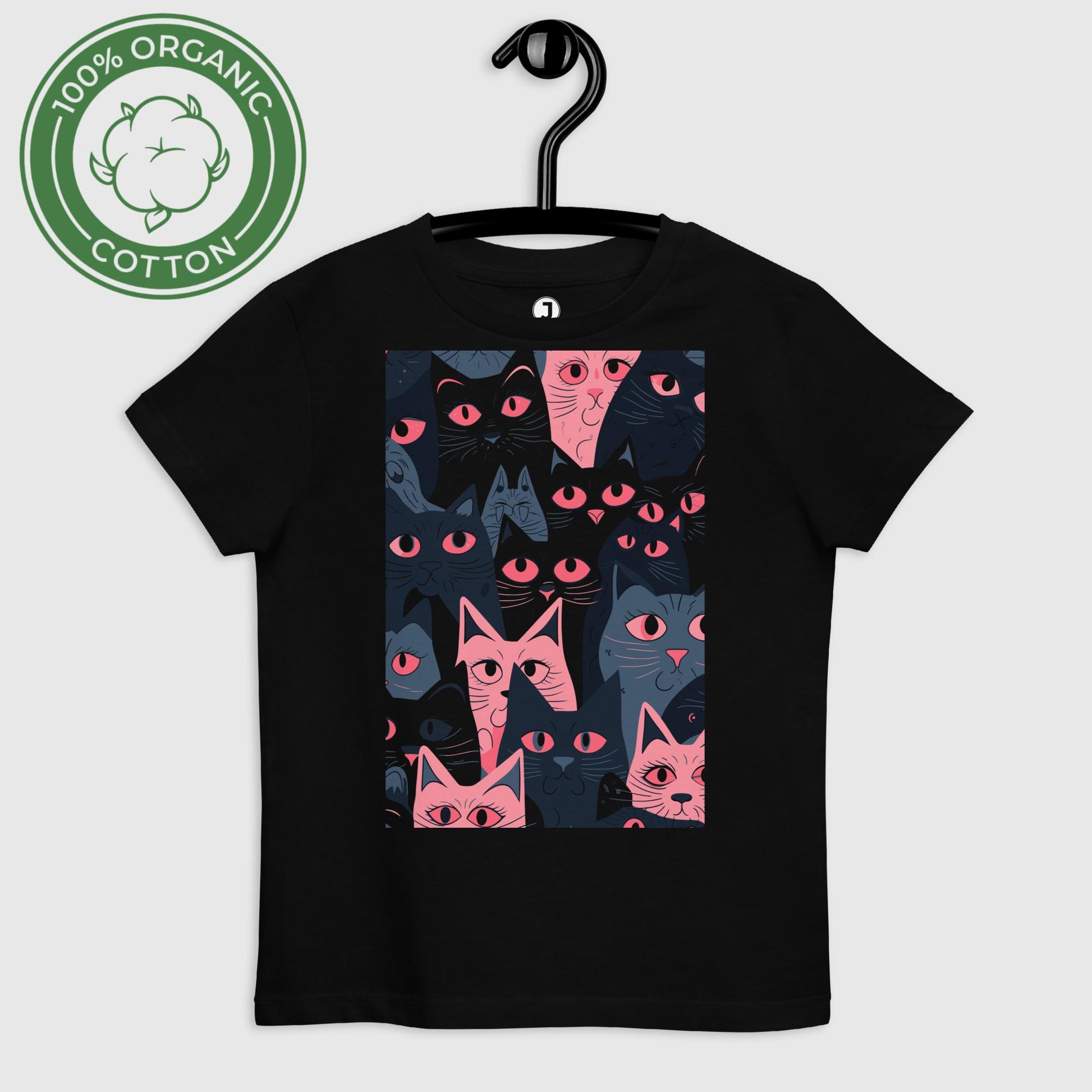 black Pink Clowder Organic cotton kids t-shirt, displayed on a hanger