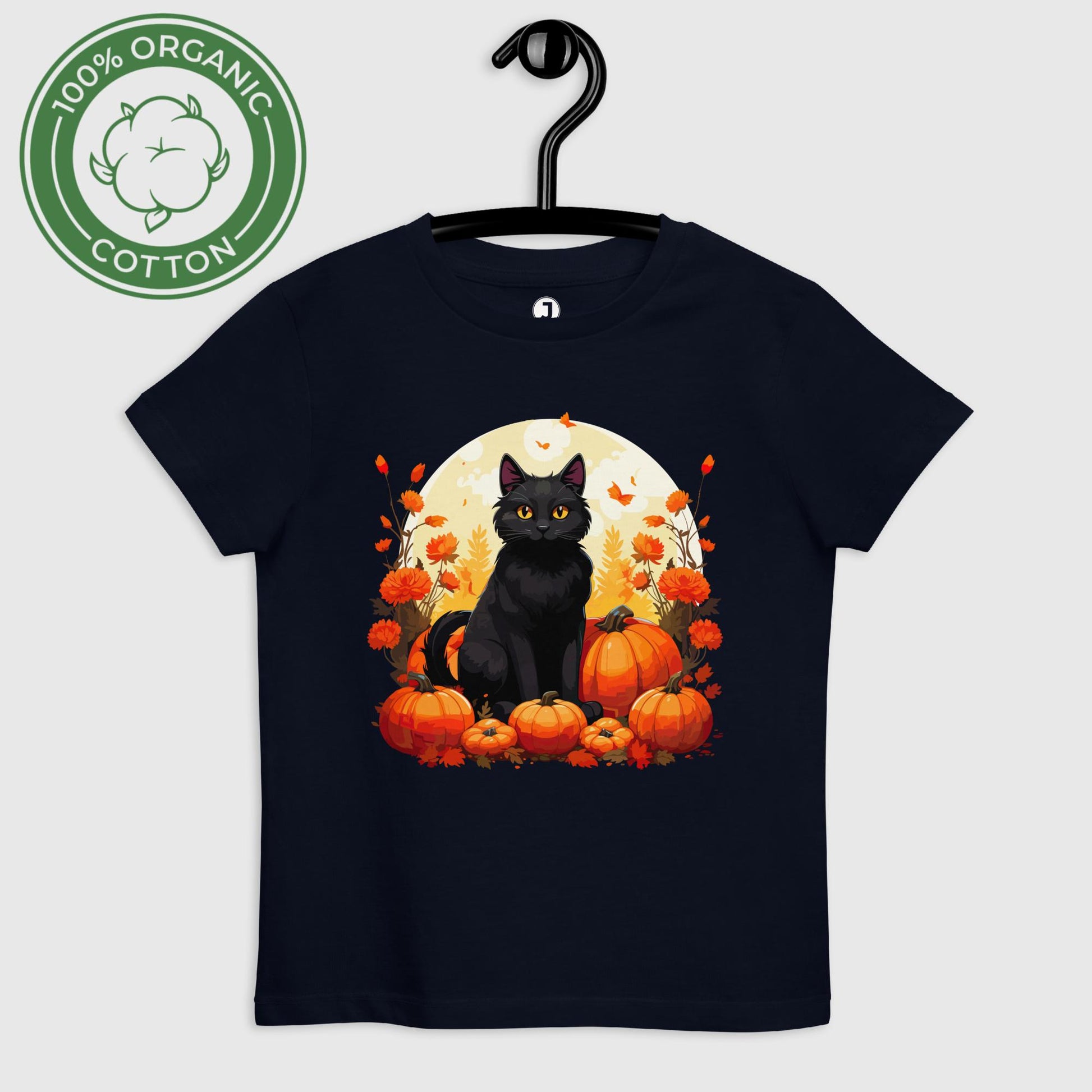 french navy Whiskers and Gourds Organic cotton kids t-shirt displayed on a hanger