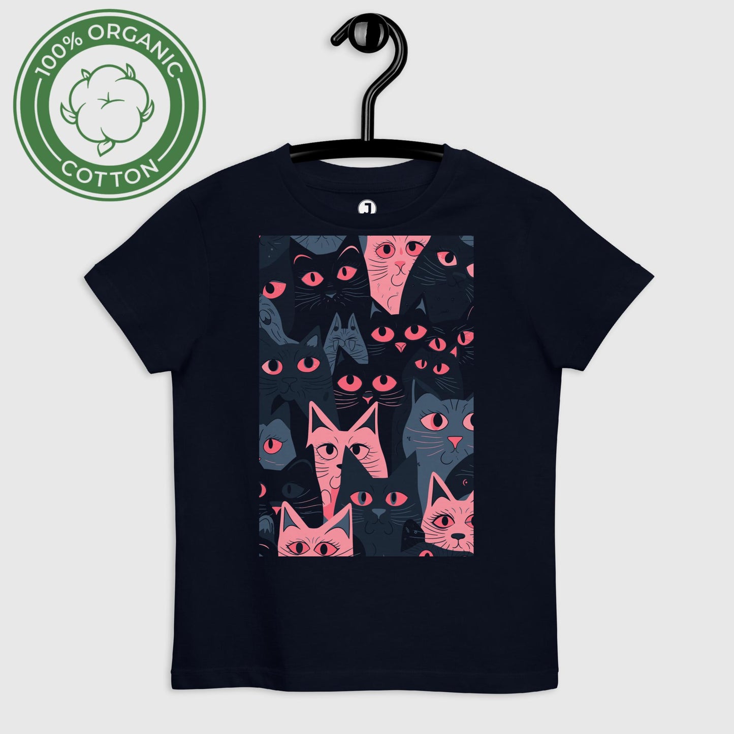 french navy Pink Clowder Organic cotton kids t-shirt, displayed on a hanger