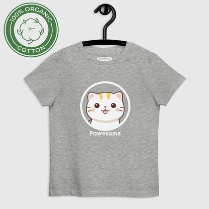 Pawseome Organic cotton kids t-shirt, in heather grey. Displayed on hanger