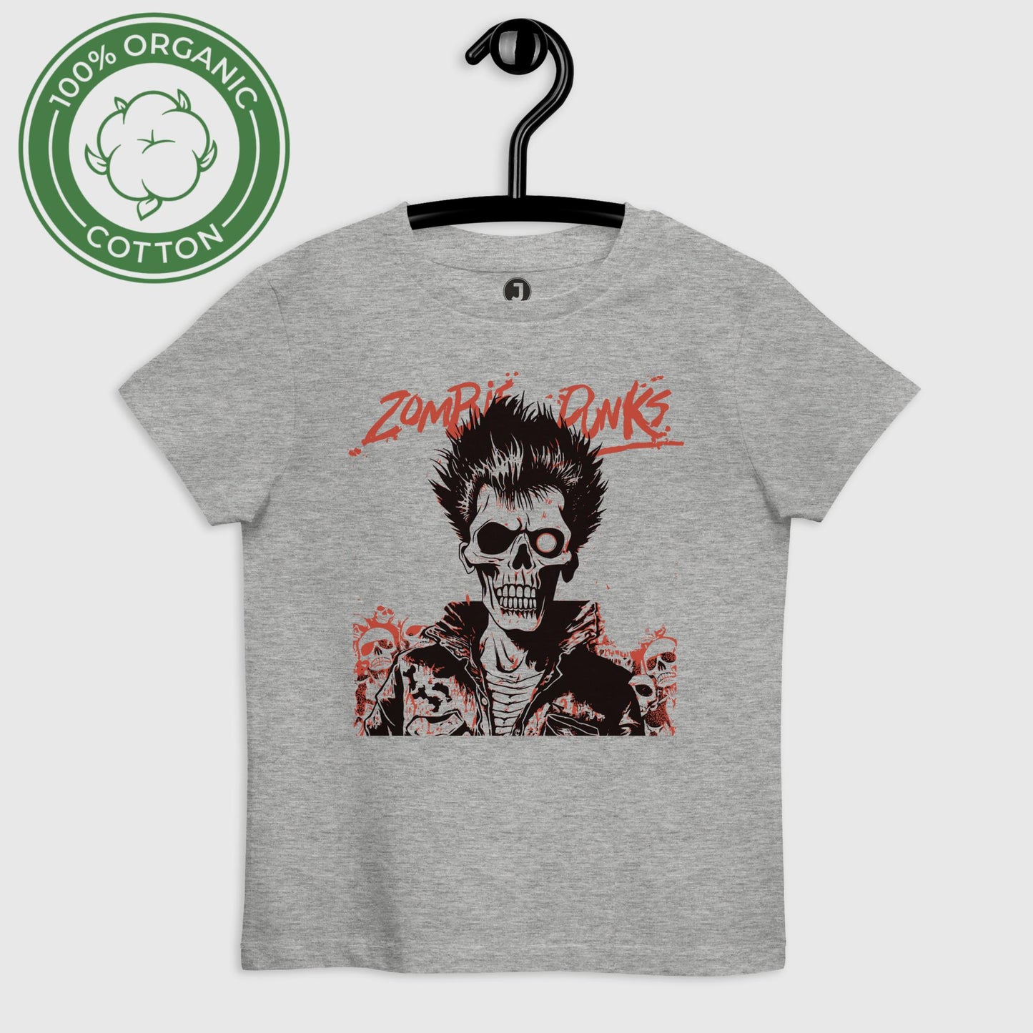 heather gray Zombie Punks Organic cotton kids t-shirt, displayed on hanger
