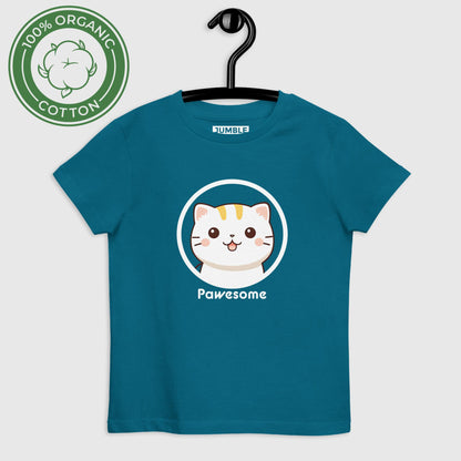 Pawseome Organic cotton kids t-shirt, in ocean depth. Displayed on hanger