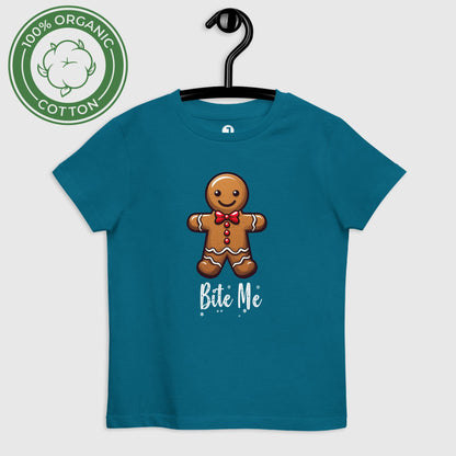 Bite Me Organic cotton kids t-shirt displayed on a hanger