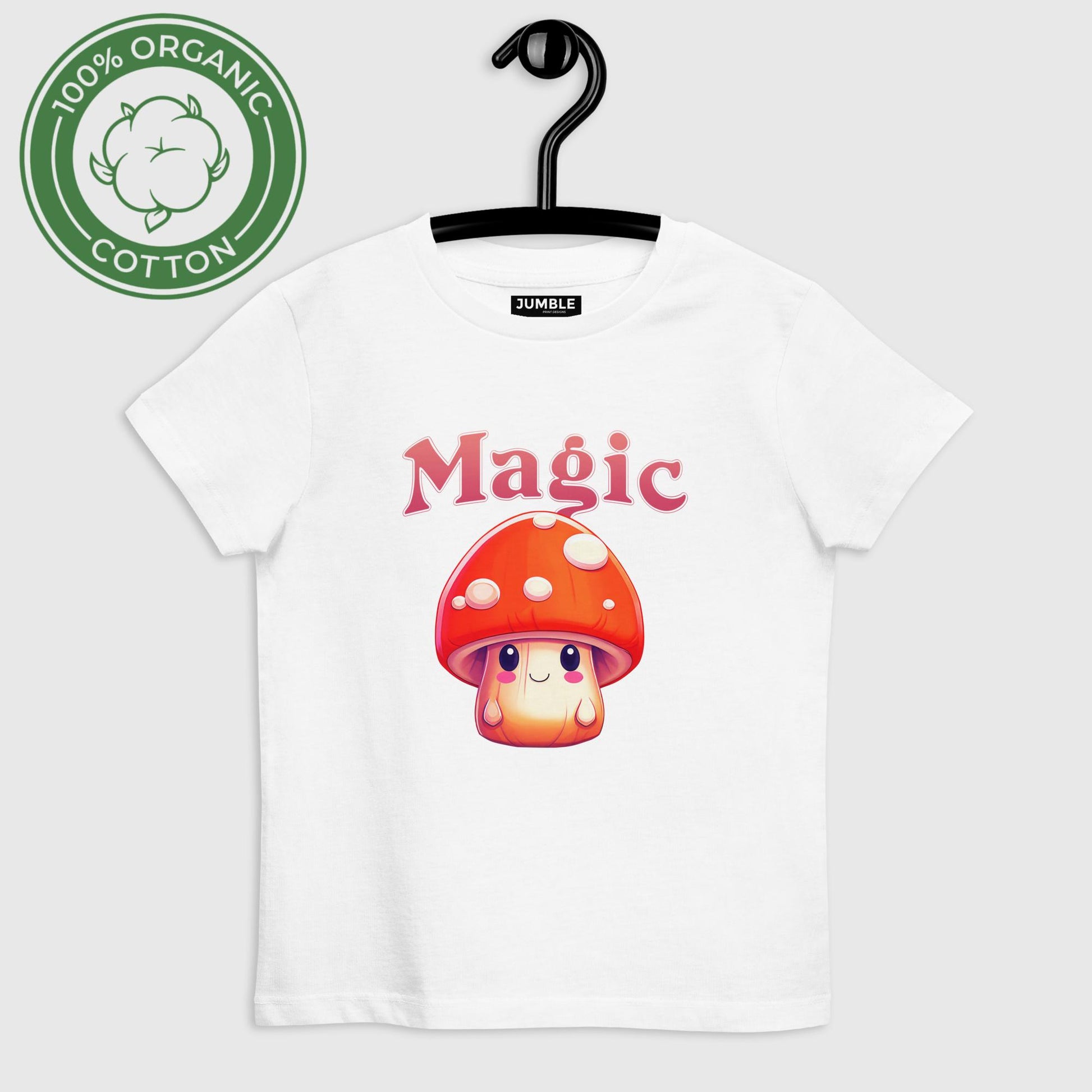 Just Magic Organic cotton kids t-shirt displayed on hanger, in white