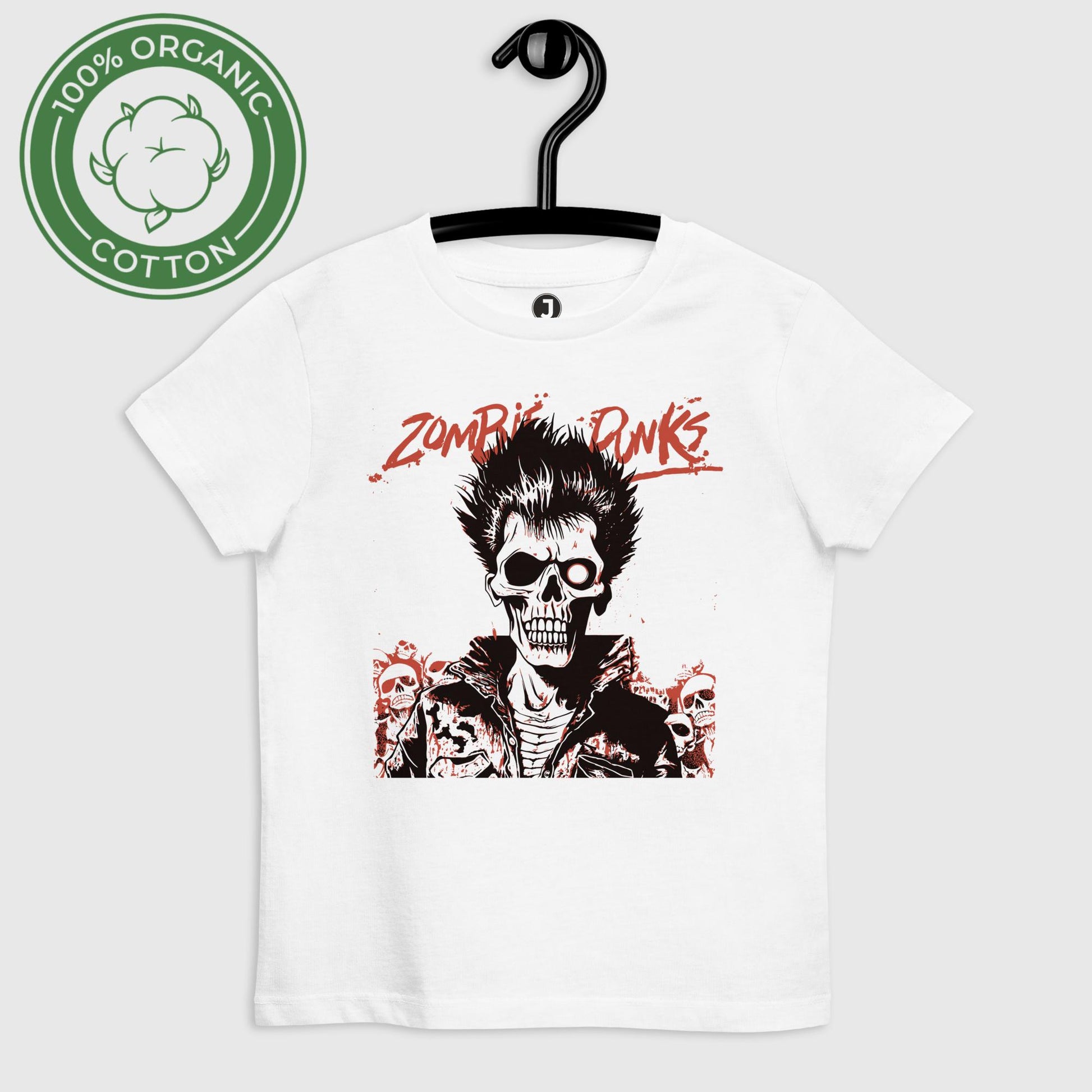 white Zombie Punks Organic cotton kids t-shirt. displayed on hanger