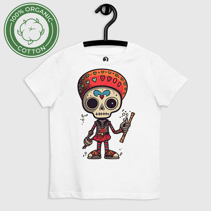 Calavera Delights Organic cotton kids t-shirt displayed on a hanger