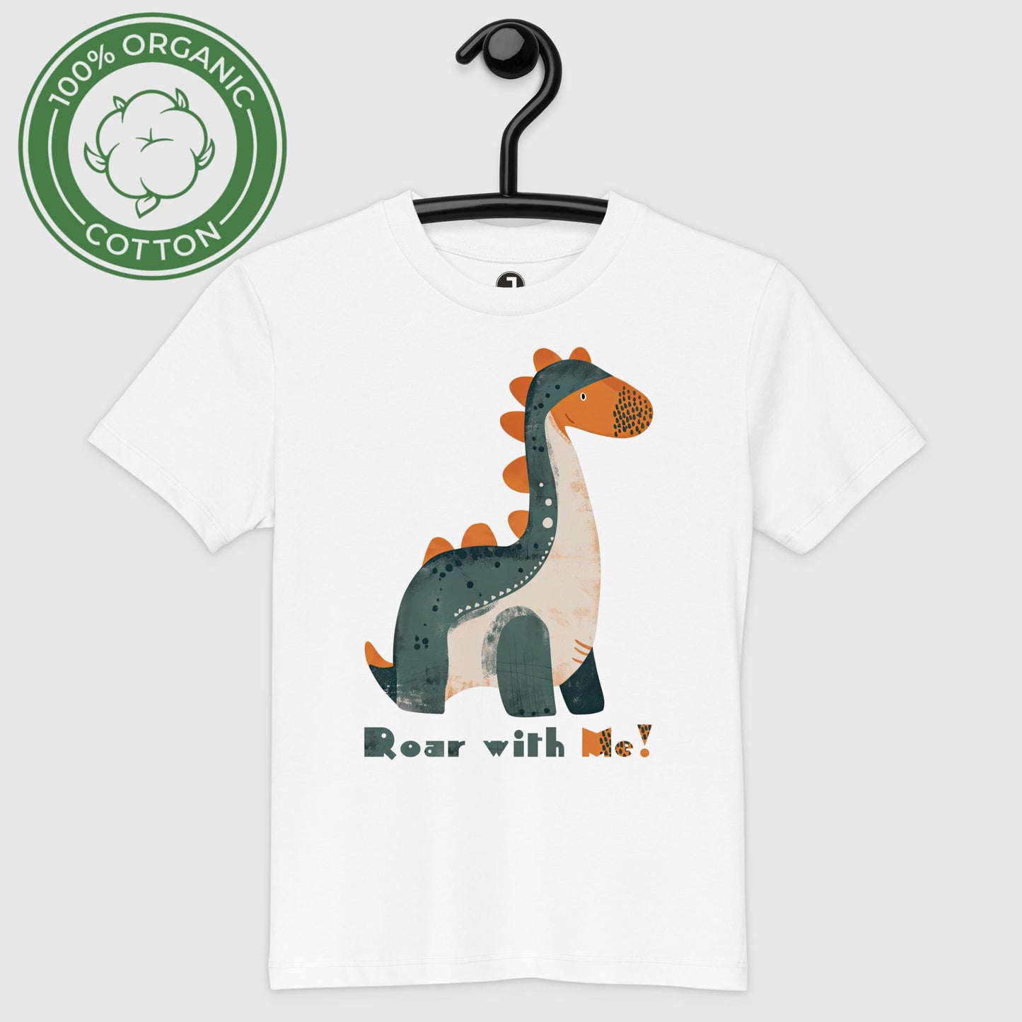 Friendly Fossil Premium Organic cotton kids t-shirt on a hanger