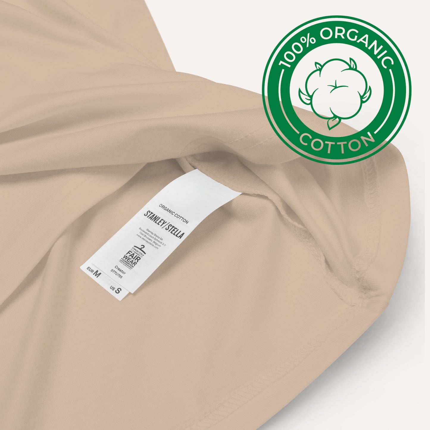Closeup of Beard Game Organic Cotton T-shirt label in Desert Dust