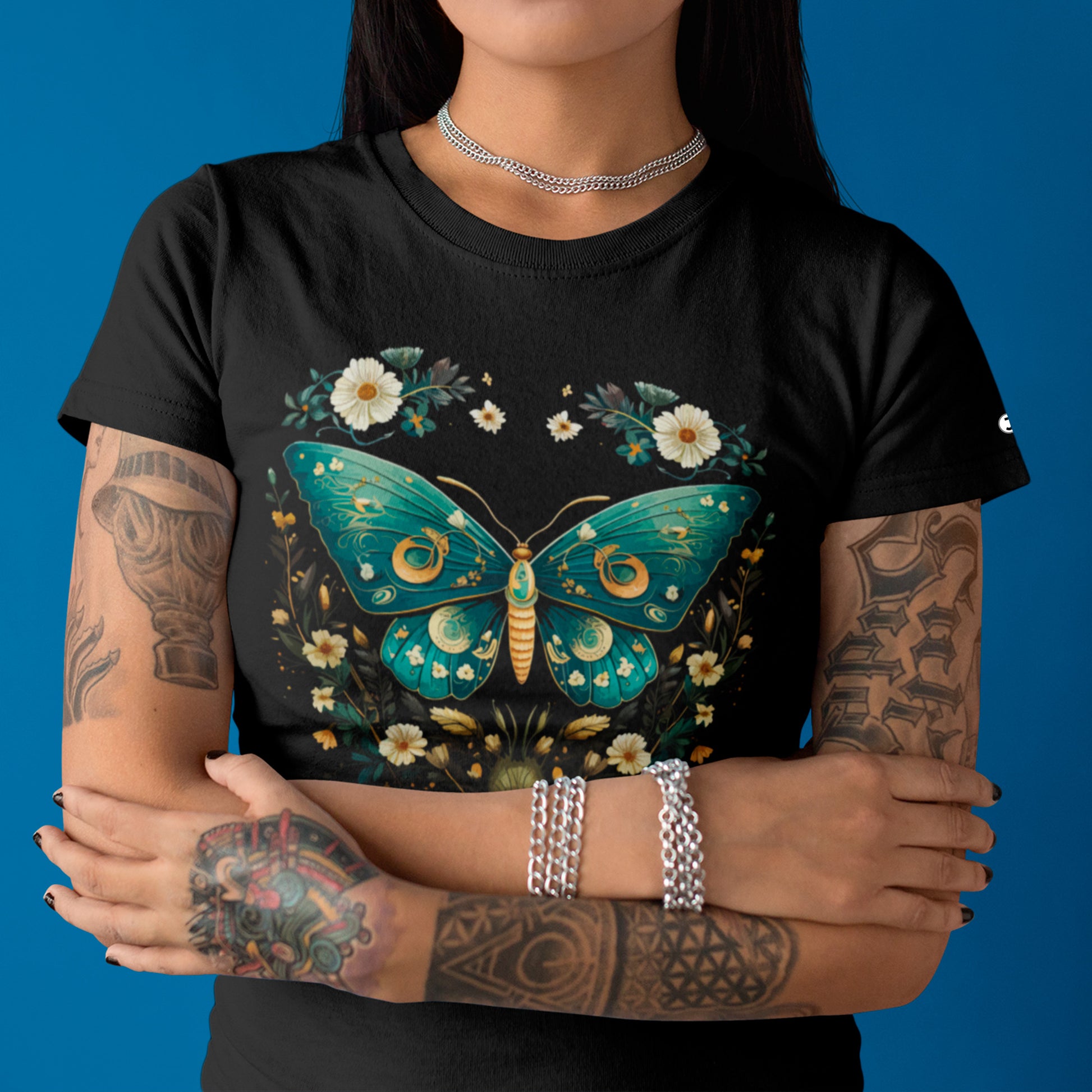 black Whispers of Night Unisex organic cotton t-shirt displayed on female model