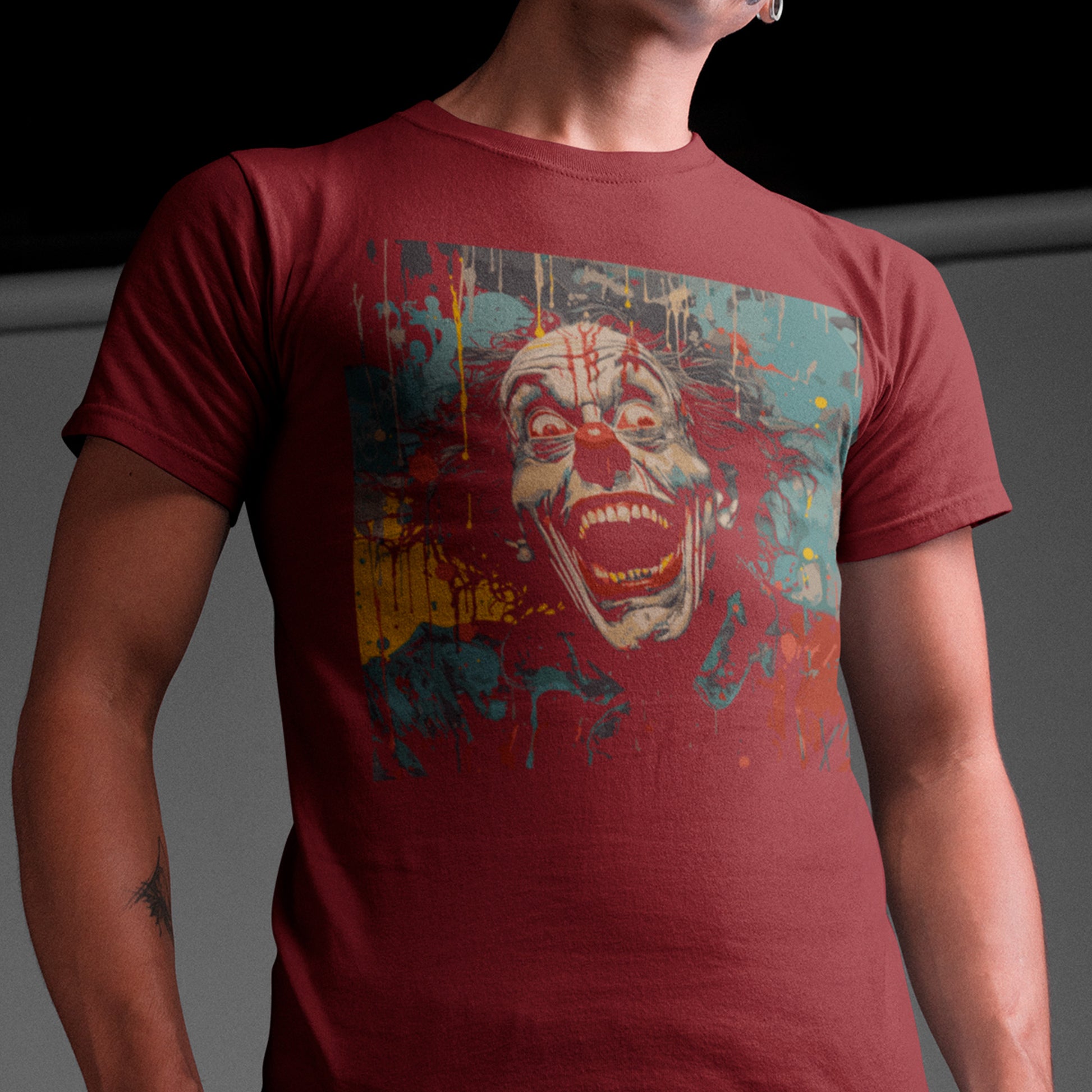 model wearing burgundy Twisted Laughter Unisex organic cotton t-shirt