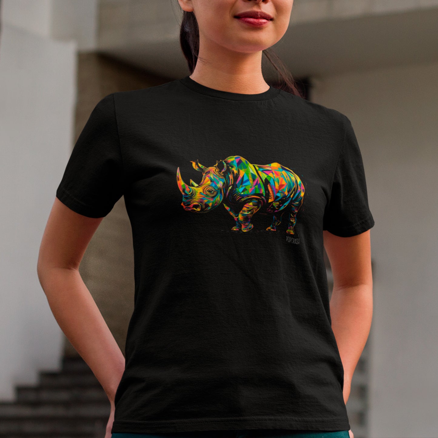 female model wearing POPCRASH Unisex organic cotton t-shirt, in black