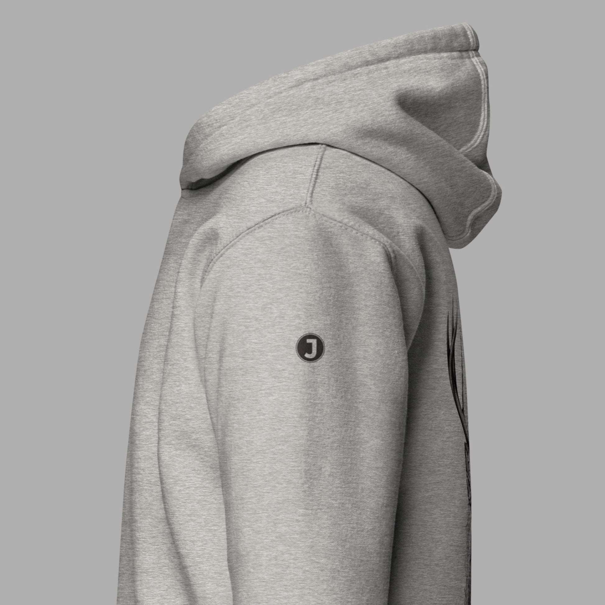 closeup of left arm logo on carbon grey Ivory Guard Unisex Premium Hoodie | Cotton Heritage