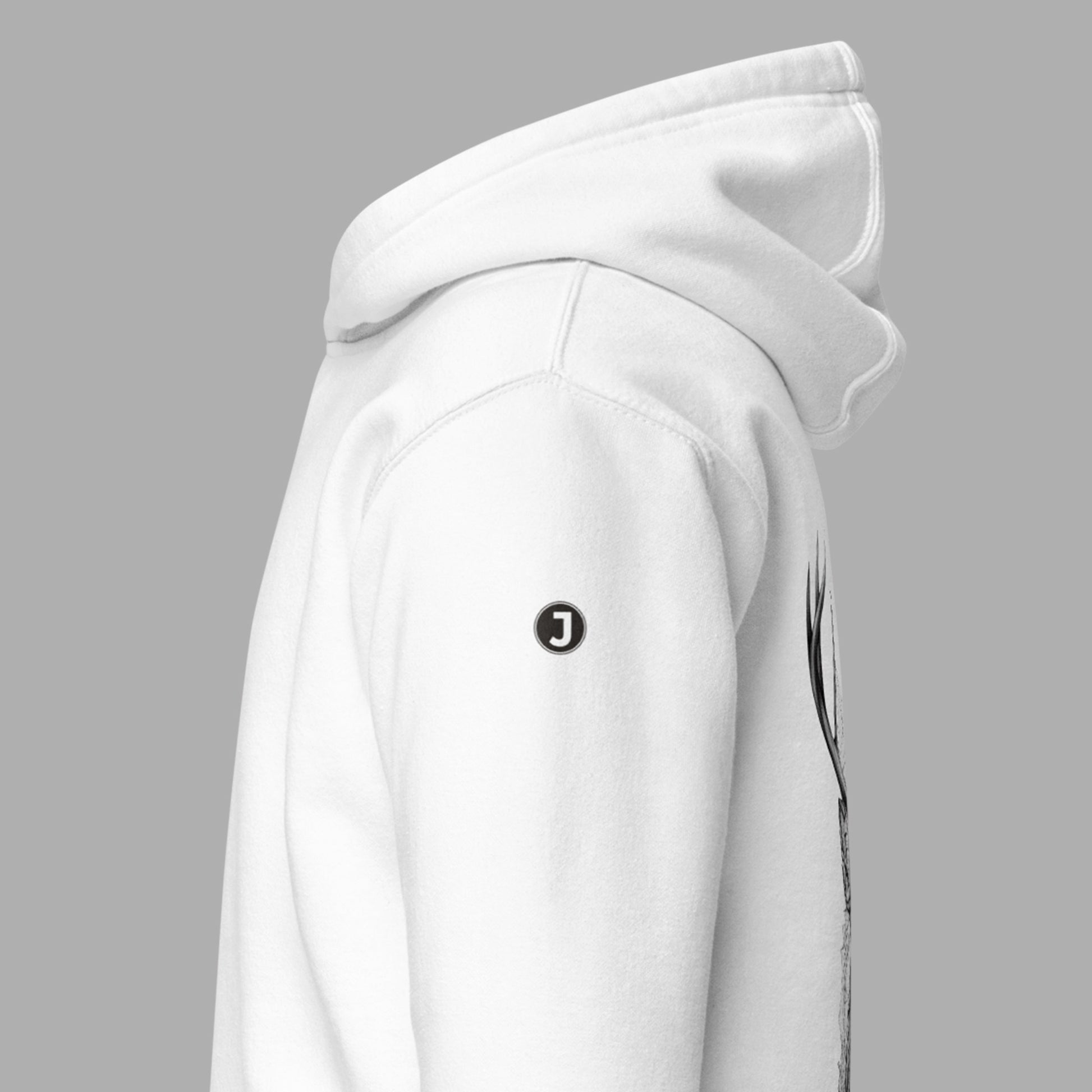 closeup of left arm logo on white Ivory Guard Unisex Premium Hoodie | Cotton Heritage